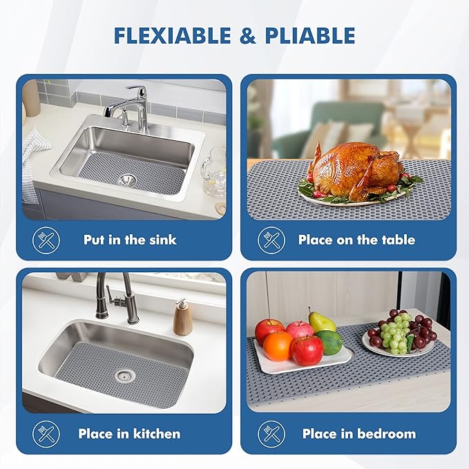 Bestjing Silicone Sink Mat - 24.8''x13'' Sink Protector for Kitchen Sink with Center Drain - Kitchen Grid Accessory, Non-slip Heat Resistant Mat for Bottom of Farmhouse Stainless Steel (Center Hole)