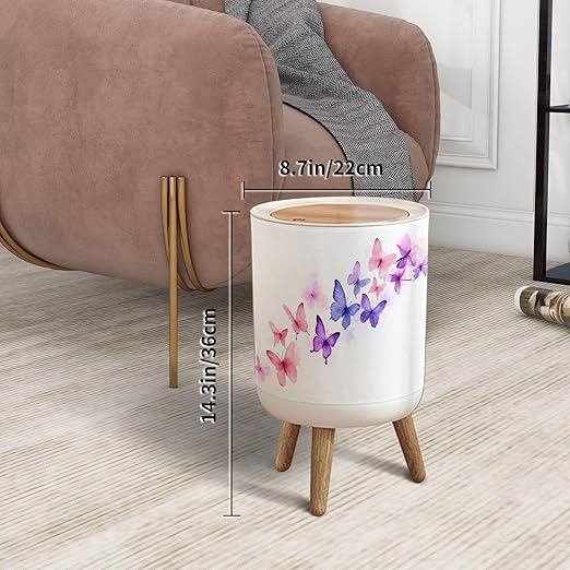 Trash Can with Lid Swarm Pink Purple Butterflies an White Watercolor Press Top Round Small Garbage Bin with Wooden Legs Waste Basket for Kitchen Bedroom Nursery 7L/1.8 Gallon