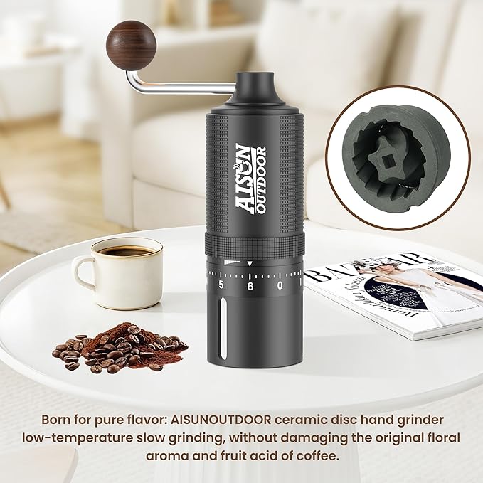 Portable Manual Coffee Grinder with Ceramic Conical Burr, Stainless Steel Axle & Handle, Adjustable Settings & Anodized Aluminum Body for Outdoor, Travel, Espresso and Home Use