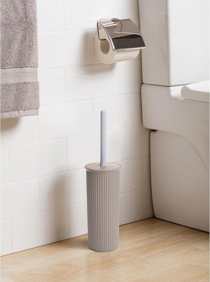 Superio Ribbed Collection - Decorative Plastic Toilet Bowl Brush and Holder Set, Taupe (2 Pack) Cleaner Scrubber for Bathroom