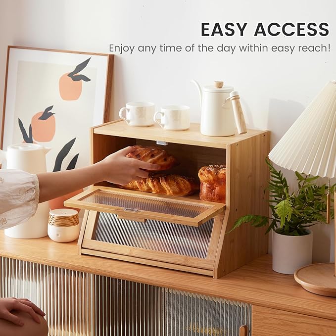 GHWIE Double Layer Bamboo Bread Box for Kitchen Counter,Large Capacity Bread Storage Bin,Bread Container with Acrylic Wavy Door Panel (Natural, Medium)