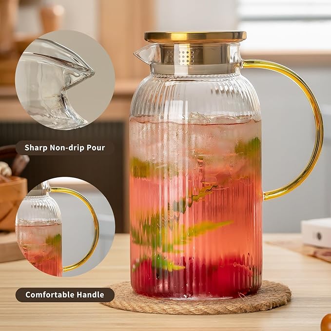 Buaic Glass Pitcher with Lid, 68 oz/2 Liter Classic Vertical Stripes Water Pitcher,Glass Water Carafe for Cold Brew, Coffee, Lemonade, Iced Sun Tea,Beverage,Milk, Heat Resistant