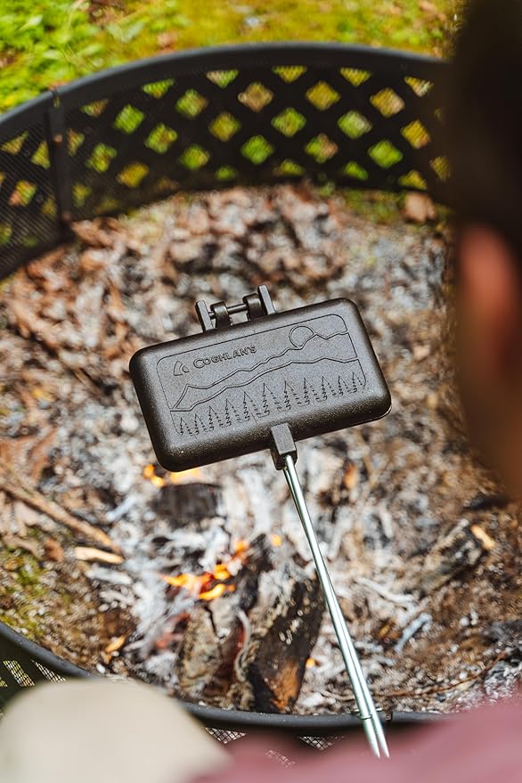 Coghlan's Cast Iron Camp Cooker - Pre-Seasoned Pie Iron Sandwich Maker with Heat-Resistant, Removable Handles, Easy-to-Clean for Toasted Pies, Grilled Sandwiches, and Meats, For Campfire Cooking