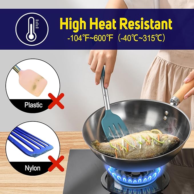 HOTEC Silicone Spatula Set of 2 Heat-Resistant 600°F & BPA-Free Kitchen SaptulaTurner with Stainless Steel Handles, Slotted & Solid Spatulas for Nonstick Cookware, 13.7 Inch, Blue