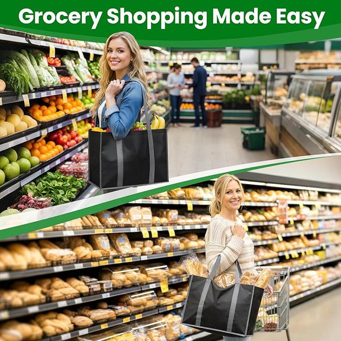 SpaceWhisper Reusable Grocery Bags with Long Handles [8 Pack] - Multipurpose Large Shopping Bags for Groceries, Foldable Grocery Totes Resist Water & Stains for Kitchen, Car Trunk, Picnic (Black)