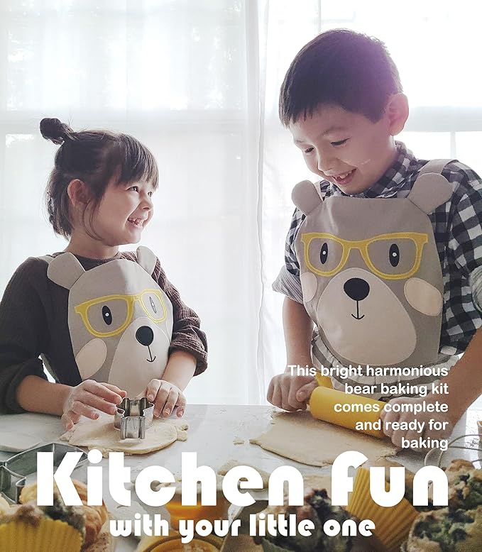 Kids Baking Set 35-Piece with Teddy Bear Apron, Kid Friendly Knives, Cookie Cutters, Rolling Pin, Cutting Board, Whisk, Real Silicone Kitchen Accessories for Cooking and More from Baker Buddy