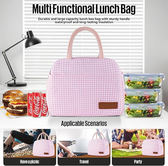 douyadady Lunch Bag Women/Men Lunch Box Women/Men (Pink+White Grid)