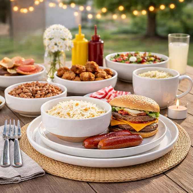 AmorArc Ceramic Dinnerware Sets with Pasta Bowls for 8, Handpainted Plates and Bowls Set with Rustic Terracotta Underside, Scratch Resistant Dishes Set, Dishwasher & Microwave Safe, 32 Pcs