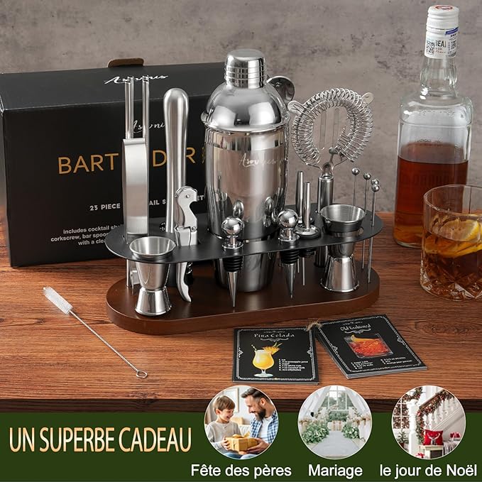 23-Piece Bartender Kit, Cocktail Shaker Set with Stand | Bar Set Drink Mixer Set with All Essential Bar Tools: Martini Shaker,Bar Mixer Spoon, Jigger, Strainer, Muddler, Pourers, for Home, Bar, Party