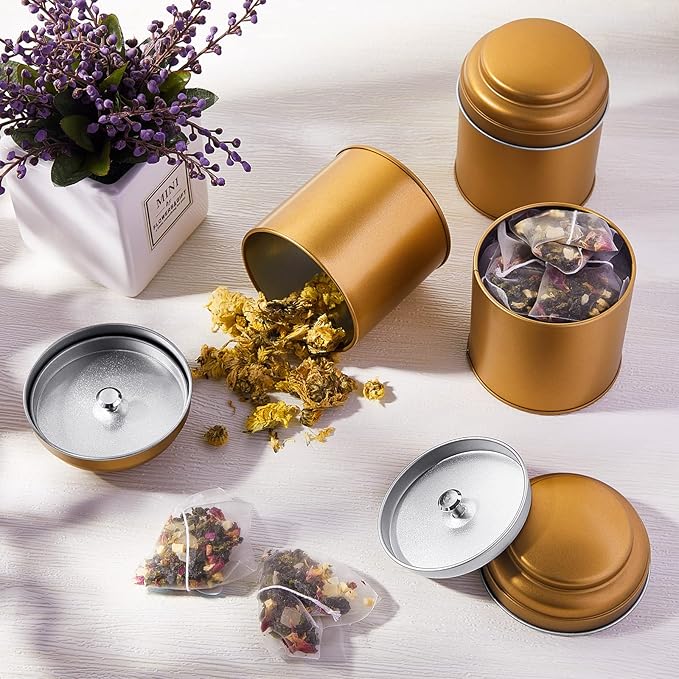 Meanplan 12 Pcs Tea Tin Canister with Airtight Double Lids Round Tin Can Box Small Kitchen Tea Canister Loose Leaf Storage Containers for Loose Bags Coffee Sugar Candy Spices(Bronze Gold,8 oz)
