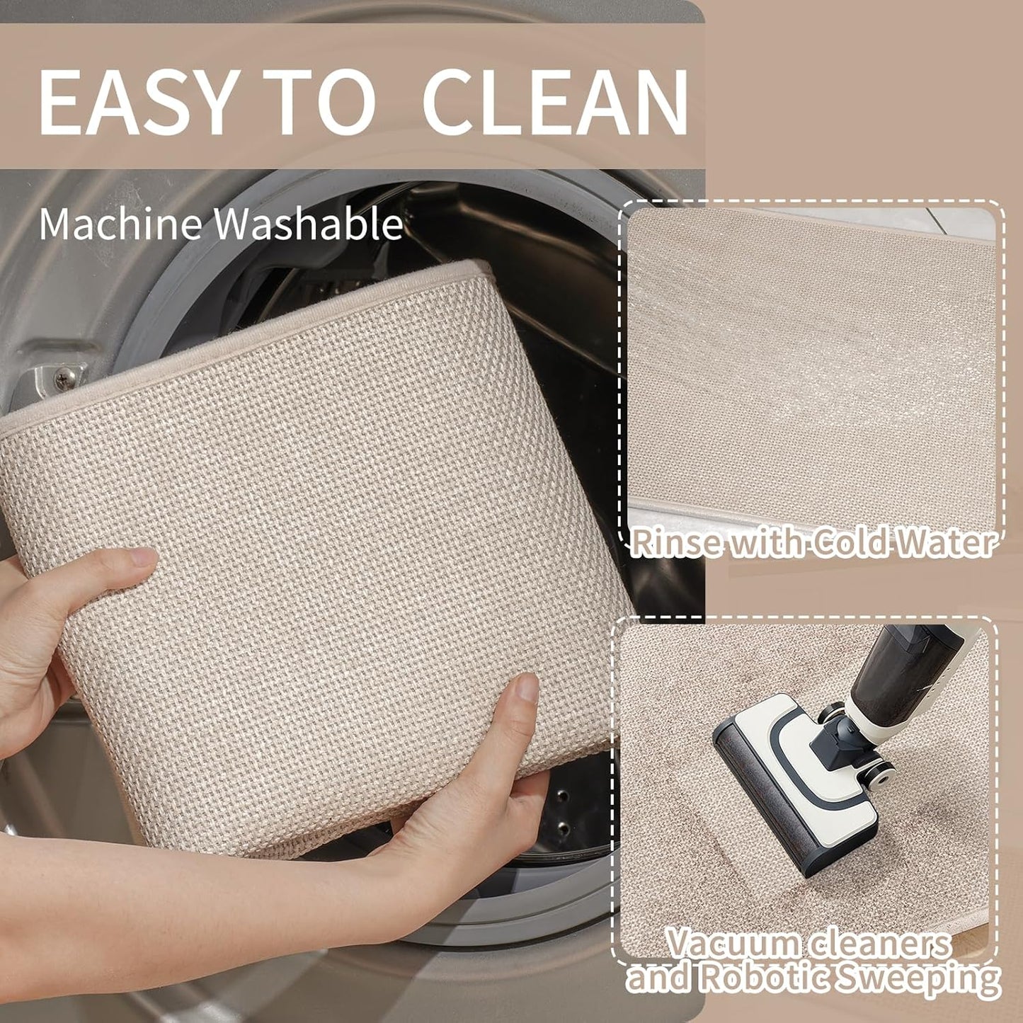Kitchen Mats for Floor, Super Absorbent Kitchen Rugs Non Slip Washable, Soft Imitation Linen Braided Kitchen Runner Rug, Standing Mat Kitchens Sink Mat, Easy to Clean, Beige 17x47