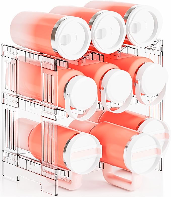 Yieach 3 Tier Stackable Water Bottle and Tumbler Organizer for Kitchen Cabinets,Large Waterbottle Holder and Cup Storage Organizer for 40 OZ Yeti,Owala or Stanley Cup Storage Rack With Handle Groove