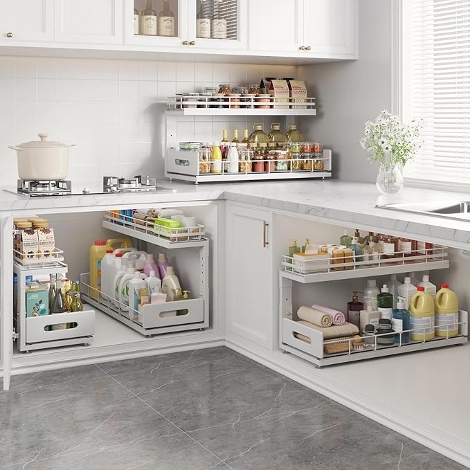 Under Sink Organizer Upgrade To Professional Rails,2-Tier Dual Pull Out Cabinet Storage,Height Adjustable Slide Out Drawers For Bathroom Kitchen,1 Pack-21"Dx12.8"-16.9"H,White