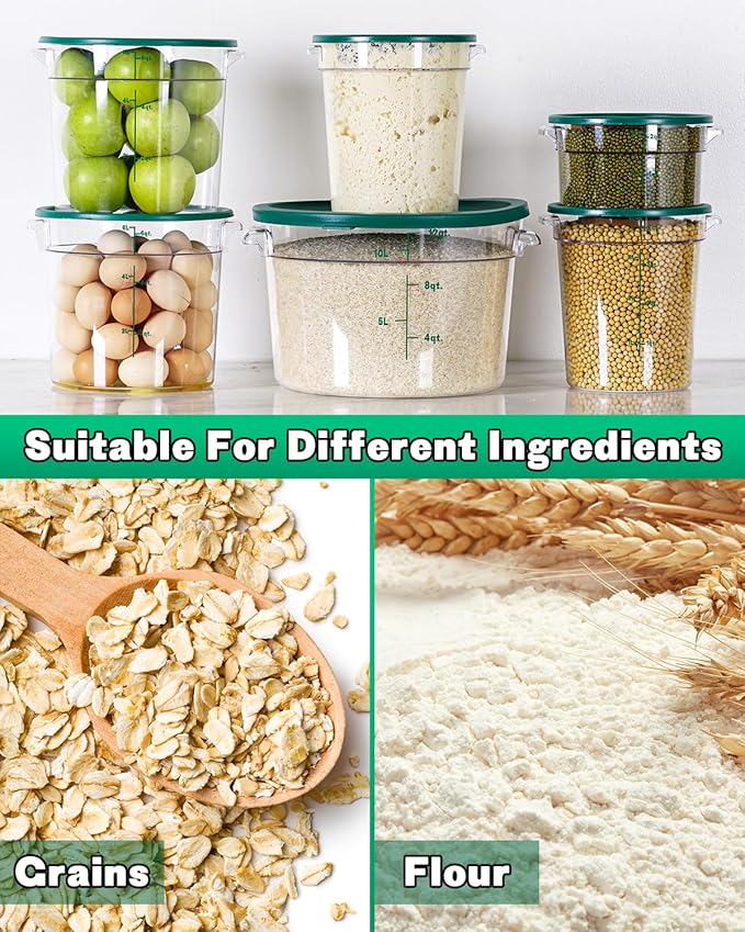 6QT NSF Round Food Storage Containers with Lids: 4 PCS [Total Food Grade][Hot&Cold Resistant] Dough Proofing Container for Pizza, Bread with Measuring Spoons Included(BPA FREE) (GREEN)