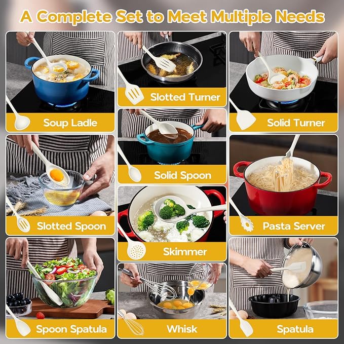 Onader Kitchen Cooking Utensils Set of 10, Silicone Utensils Set for Cooking, Includes Non Toxic Turner Spoon Spatula Whisk Pasta Server - White