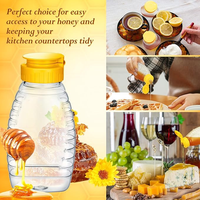 Eccliy 32 Pcs Clear Plastic Honey Jar Empty Honey Bottles with Caps Refillable Containers Leakproof Squeeze Bottle Container Holder with Flip Lid for Storing (12 oz,Yellow)