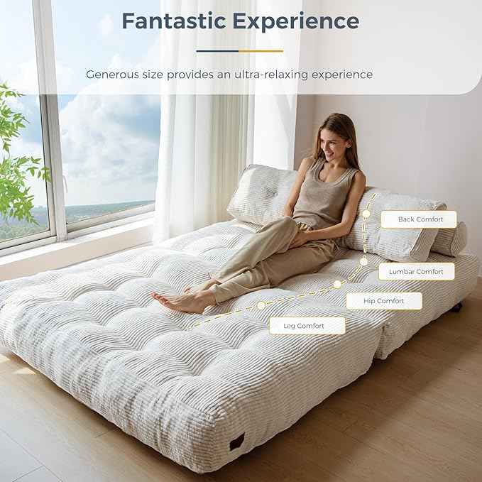 MAXYOYO Folding Sofa Bed, Convertible Sleeper Chair with Pilow Foldable Matress with Back Support, Portable Fold Out Chair Bed Comfy Floor Sofa Lounge for Living Room Bedroom, Beige, Double