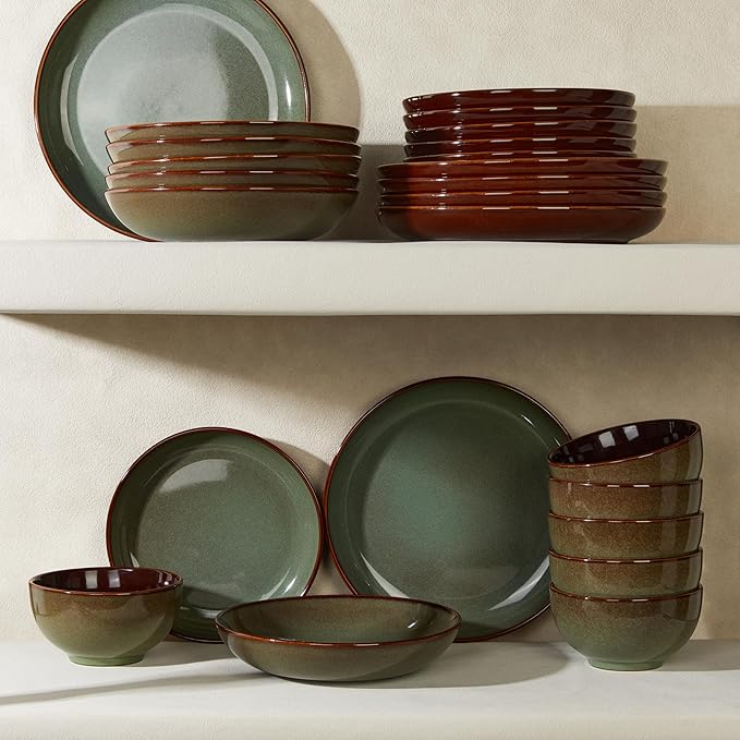 Pokini 16 Piece Double Bowl Dinnerware Sets with Pasta Bowls, Highly Chip and Crack Resistant Plates and Bowls Sets, Natural Earthyware Ceramic Dishware Sets, Service for 4 Sage Green