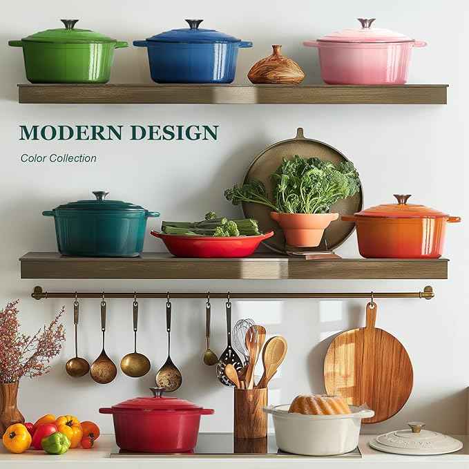 Overmont Enameled Cast Iron Dutch Oven - 7QT Pot with Lid Cookbook & Cotton Potholders - Heavy-Duty Cookware for Braising, Stews, Roasting, Bread Baking bottle green