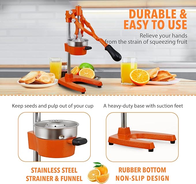 19 Inch Height Extra Tall Commercial Heavy Duty Cast Iron Hand Press Manual Orange Citrus Lemon Lime Grapefruit Pomegranate Fruit Juice Squeezer Machine with Stainless Steel Cup