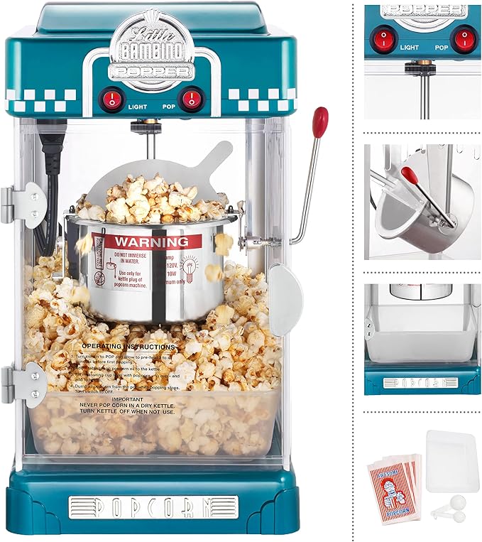 Little Bambino Popcorn Machine - 2.5oz Tabletop Movie Theater Popcorn Popper with Stainless-Steel Kettle by Great Northern Popcorn (Blue)