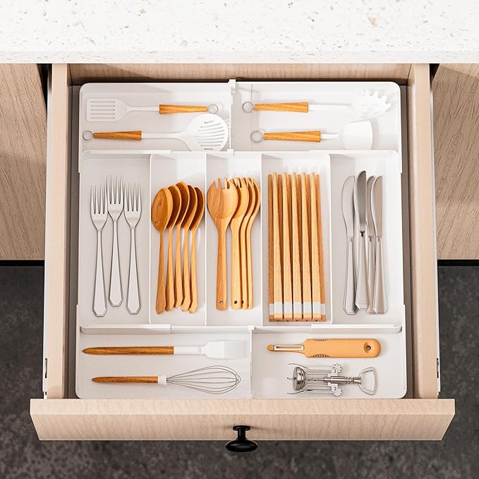 Jolitac Expandable Large Silverware Drawer Organizer - Adjustable Utensil Tray & Cutlery Holder, Plastic Storage for Spoons, Forks, Knives | Multipurpose Kitchen Organizers and Storage Solution, White