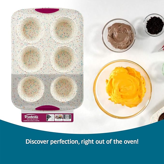 Trudeau Structure White Confetti 6-Cup Jumbo Muffin Pan – Premium Steel-Reinforced Silicone Bakeware, Nonstick BPA-Free Cupcake & Muffin Mold – Oven, Freezer & Dishwasher Safe
