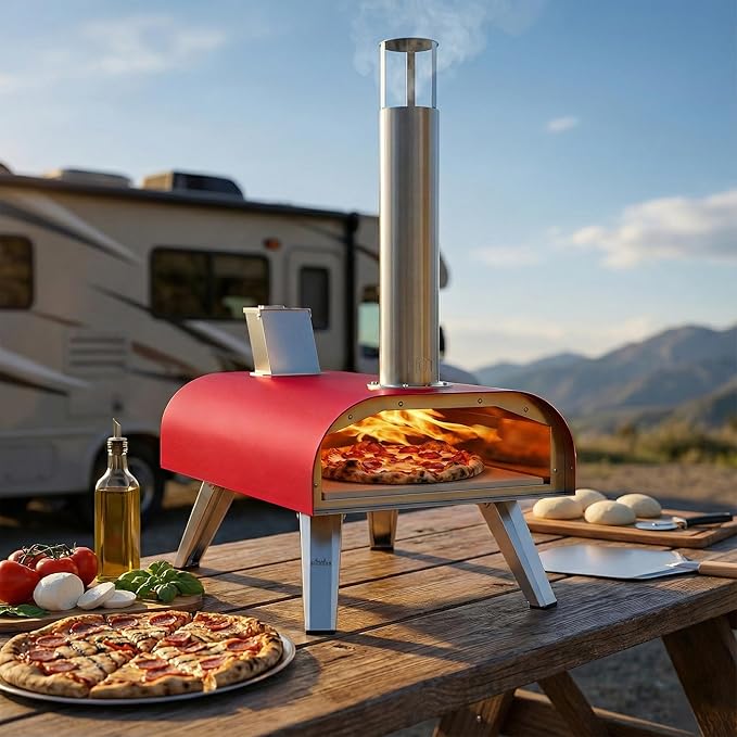 BIG HORN 12" Multi-Fuel Outdoor Pizza Oven – 3-in-1 Wood-Fired, Gas & Electric Compatible (Burners Sold Separately), Pellet Pizza Oven Portable Pizza Maker for Backyard, Camping & Tailgating, Red