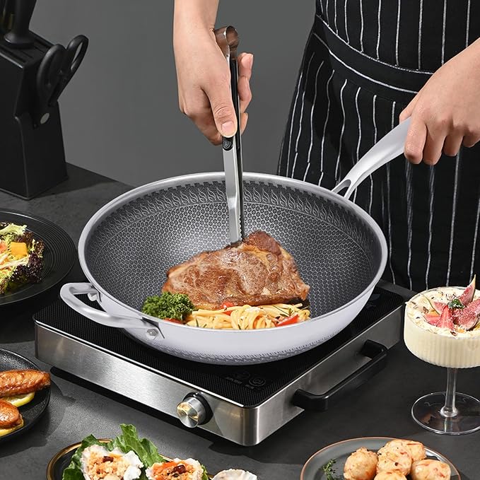 Wok Pan with Lid - 12 Nonstick Wok, Flat Bottom Chinese wok for Electric, Induction and Gas Stoves