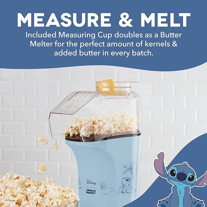 Disney Dash Fresh Pop Popcorn Maker - Oil-Free, Air Popcorn Popper - With Measuring Cup & Recipe Guide - Perfect for Movie Nights - 16 Cups, Stitch