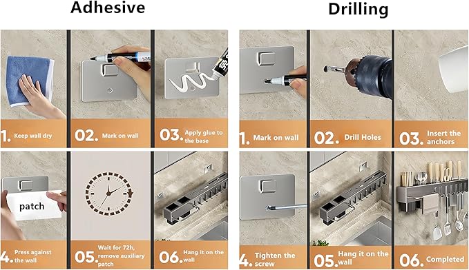 SEIDO Carbon Steel Utensil Rack – Space-Saving 20" L Kitchen Organizer with hooks & hanging bar, Gunmetal Gray Knife Holder, 2 Installation Options (Adhesive/Screwed)