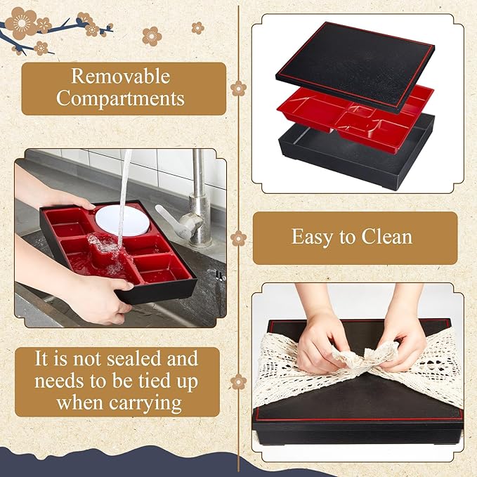 Teenyyou 2 Pcs 12 x 9.5 x 2.2 Inch Japanese Bento Box 6 Compartments and Bowl Divided Lunch Box with Greaseproof Adult Japanese Bento Lunch Container Sushi Home Restaurant