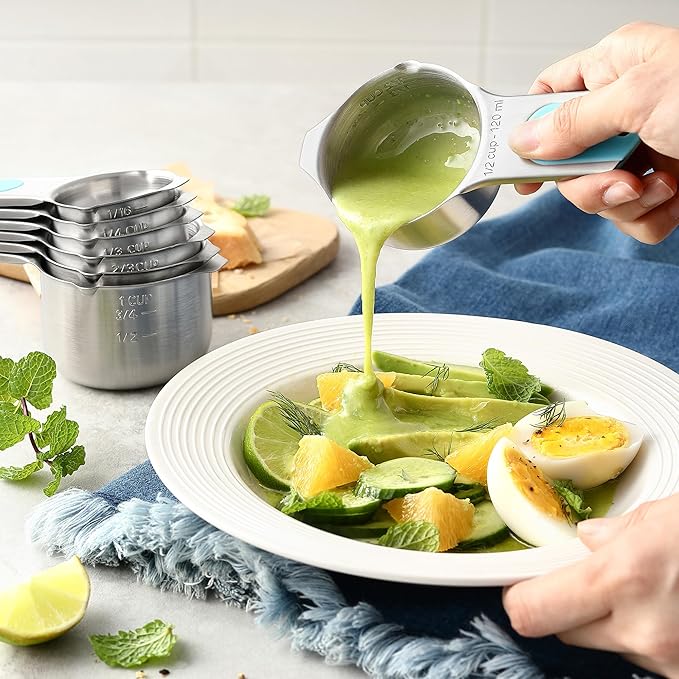 Spring Chef Magnetic Measuring Cups & Spoons Set, Patented, Strong Magnets, Heavy Duty Stainless Steel Fits in Spice Jars for Baking & Cooking, BPA Free, Round Set of 15 with Leveler, Aqua Sky