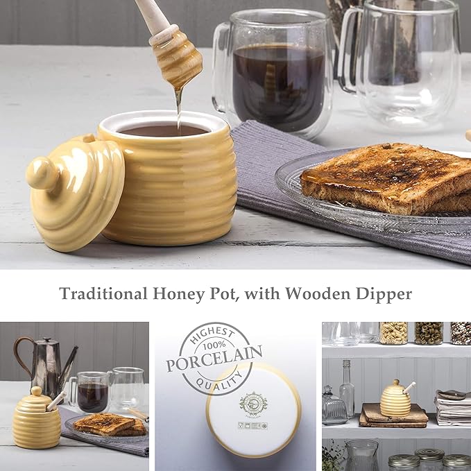 WM Bartleet & Sons 1750 Traditional Porcelain Honey Pot with Beech Wood Dipper 11cm – Yellow