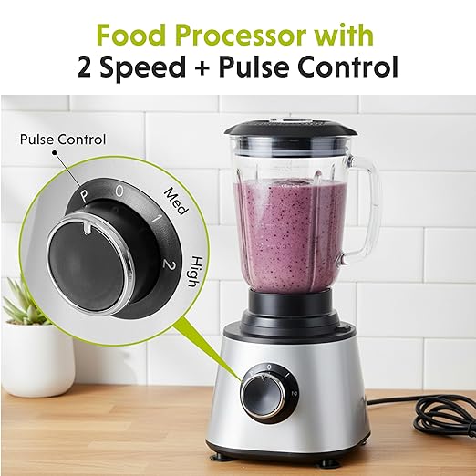 Simple Deluxe Food Processor Blender Combo, 300W Electric Kitchen Appliance with 1.5L Glass Jar, 6-Cup Chopper for Dough Meat Slicing Puree, Dual Speeds & Safety Lock, Black & Silver
