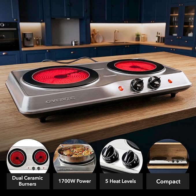OVENTE Countertop Infrared Double Burner, 1700W Electric Hot Plate and Portable Stove with 7.75" and 6.75" Ceramic Glass Cooktop, 5 Level Temperature Setting and Easy to Clean Base, Silver BGI102S