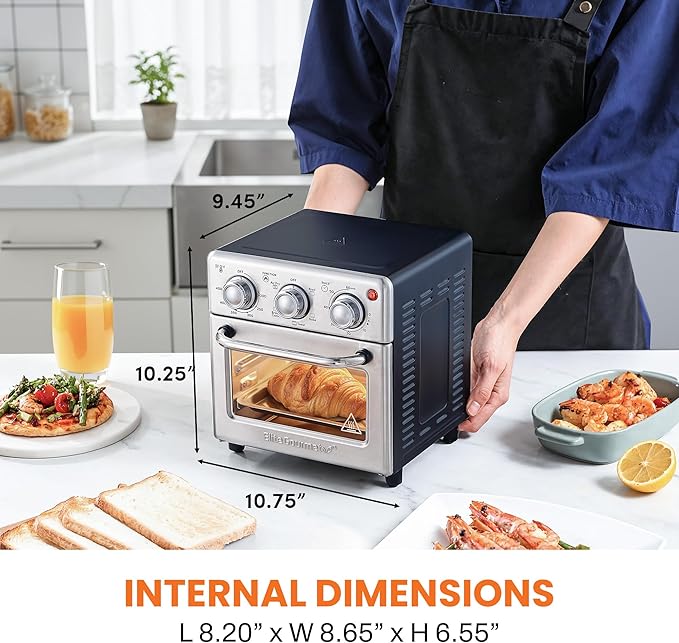 Elite Gourmet Compact 8.5Qt Air Fryer Oven – Mini Countertop Air Fryer with Adjustable Time & Temperature Controls, 800W, Includes Air Fry Basket, Bake Pan & Recipes, Stainless Steel