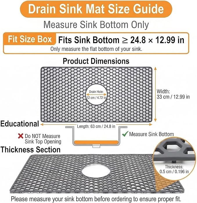 Sink Protectors for Kitchen Sink, 24.8"x 13" Farmhouse Kitchen Sink Protector Grid, Silicone Mat for Farmhouse Stainless Steel Porcelain Sink（Center Drain）