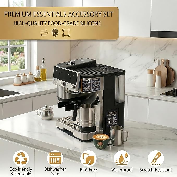 Sliding Mat & Top Mat Combo Set for Ninja Luxe Café ES601ES701 Espresso Machine, 2 in 1 Anti Slip Rubber Base & Food Grade Silicone Top, Protects Countertops from Scratches, Heat, and Spills