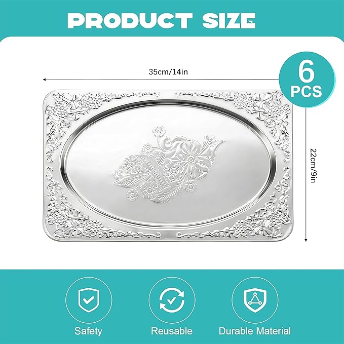 Silver Serving Trays, 6 Pcs Stainless Steel Serving Platters with Retro Engraved Design, 13.7 x 8.5 Inch for Serving Food, Appetizers, or as Decorative Accent at Home