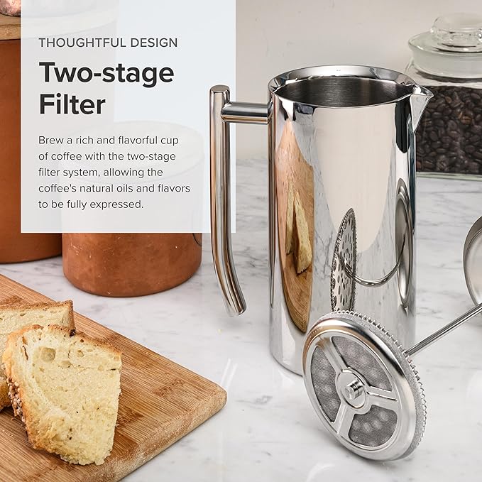 Frieling French Press Coffee Maker - 17 oz, Polished Stainless Steel - Double-Wall Insulated French Press & Cold Brew Pitcher for Camping & Travel - Manual Non-Plastic Coffee Maker