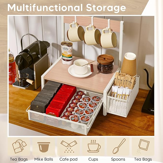 DGWJSU Tea Bag Organizer, Wood Tea Organizer and Storage Cheast, Tea Bag Holder with Storage Drawer, 4 Hooks for Tea Cups Holder, Tea Station Chest Display Container Box for Countertop Kitchen (White)