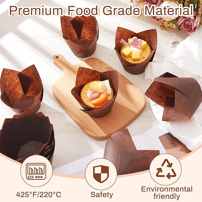 Motiskyy 300 Pcs Jumbo Muffin Liners for Baking 2-1/4" x 4" Large Tulip Cupcake Liners Greaseproof Cupcake Wrapper Paper for Weddings Birthday Christmas Anniversaries Party (Brown)