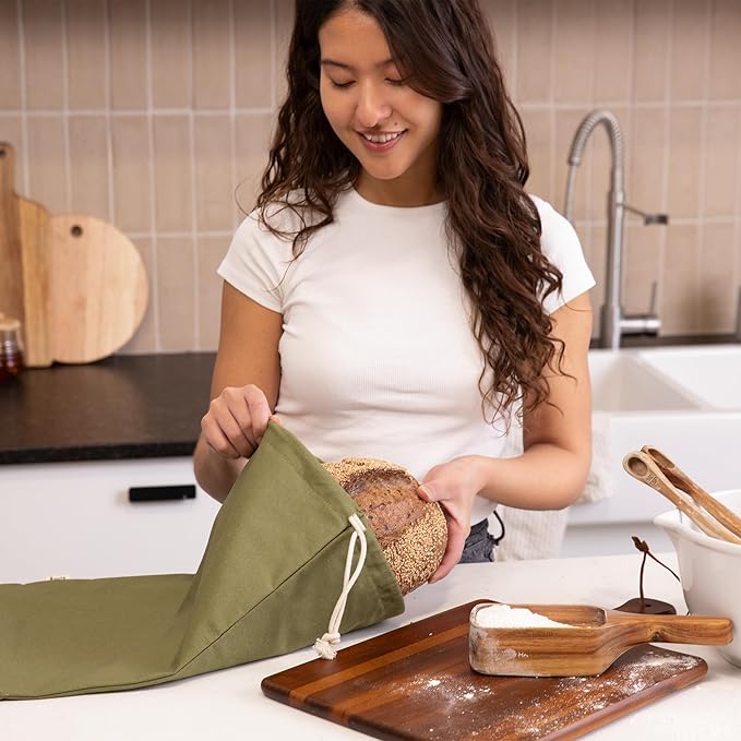 Sourdough Bread Bags for Homemade Bread, 2 Pack, Reusable Cotton Linen, Machine Washable, Freezer Safe - BPA-Free TPU Liner, Fits 2 Loaves Each, Beeswax Wrap Alternative, Drawstring Closure