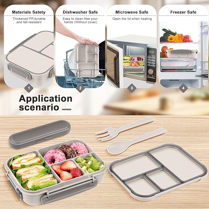 Amathley Lunch Box Kids,Bento Box Adult,Leakproof Lunch Containers for Adults/Kids/Toddler,1200ML-4 Compartments bento Lunch box with Utensil,Microwave & Dishwasher & Freezer Safe (White)