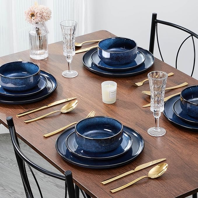 E-far Dinnerware Sets for 8, 24-Piece Stoneware Plates and Bowls Set, Ceramic Dishes Reactive Glaze Dinning Ware, Microwave & Dishwasher Safe - Deep Sea Blue