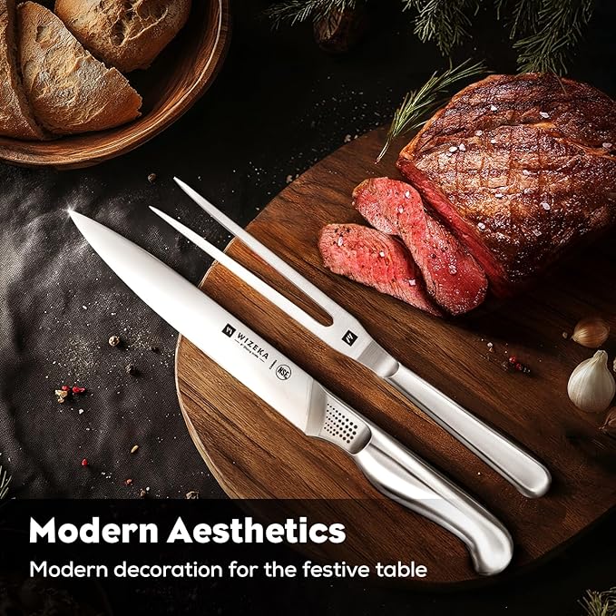 WIZEKA 8-inch Turkey Carving Knife Set 2 PCS,Stainless Steel Carving Knife and Fork Set,Extremely Sharp and Pointed Carving Sets for Meat with Gift Box