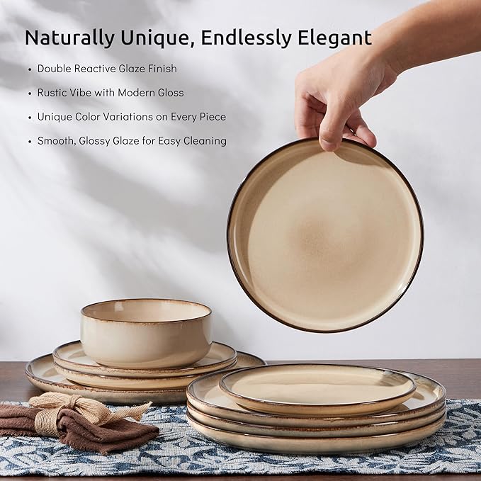 E-far 6-Piece Plates and Bowls Set, Stoneware Dinnerware Sets for 2, Reactive Glaze Ceramic Dinning Ware Dishes, Microwave & Dishwasher Safe - Sandy Beige