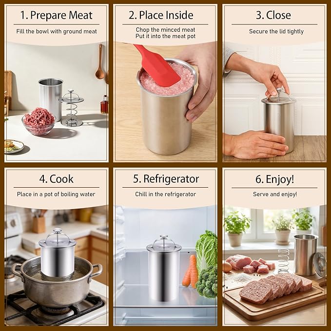 Stainless Steel Meat Press with Thermometer, Ham Maker Cooker for Cold Cut, Spring Mechanism Meat Press Mold for Homemade Ham, Healthy Home Cooking Tool (Silver 2)