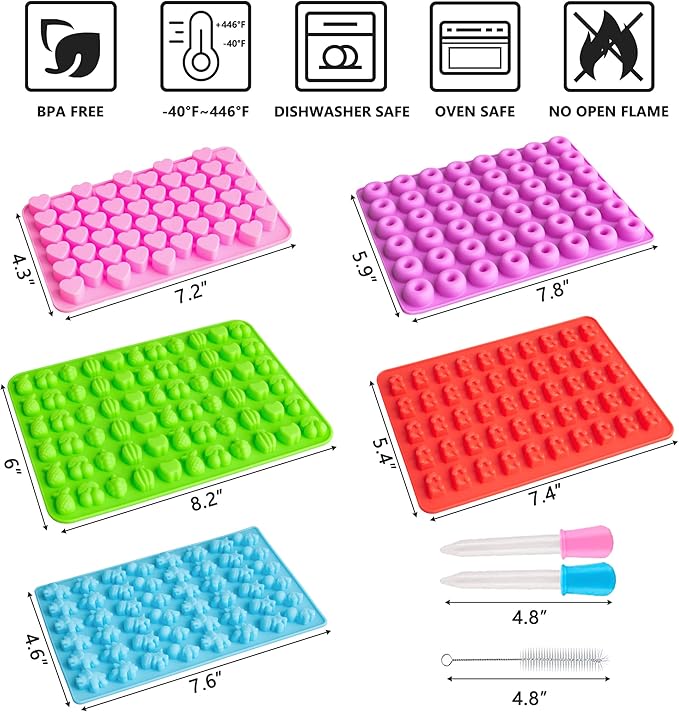 WARM TIME Gummy Bear Candy Molds Silicone, Mini Gummy Molds with 2 Droppers & 1 Cleaning Brush, Food Grade Non-Stick Silicone Molds Including Heart, Dinosaur, Bear, Donut, and Fruit, Set of 5
